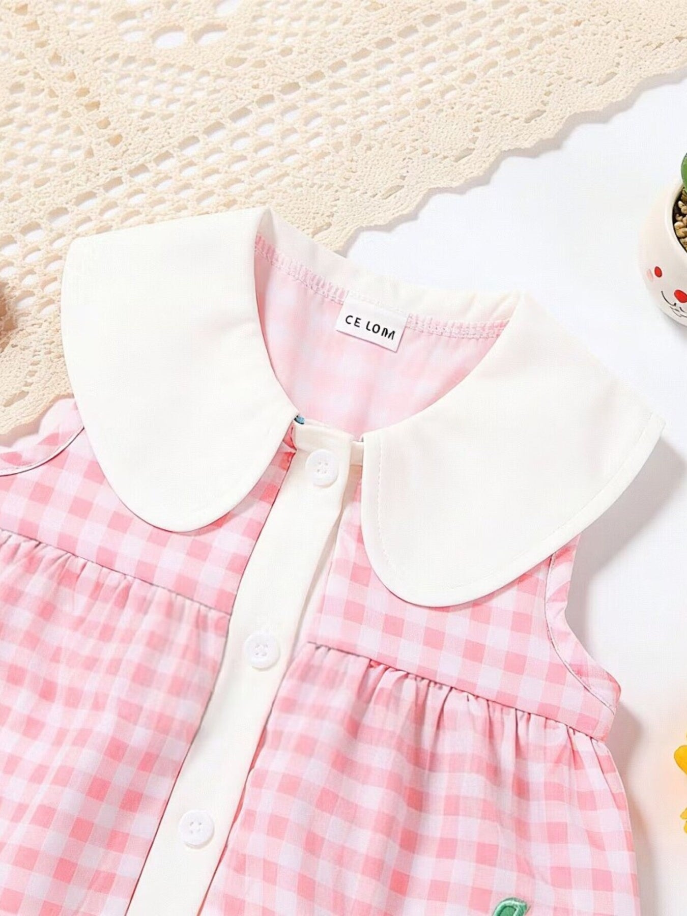 Children's Fruit Embroidered Sleeveless Plaid Dress - -