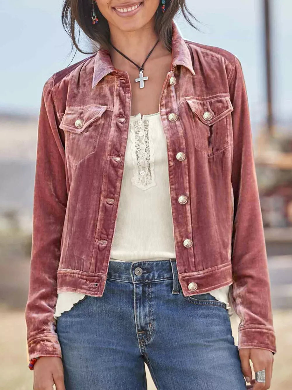 Button Up Long Sleeve Jacket with Chest Pockets - Dusty Pink -