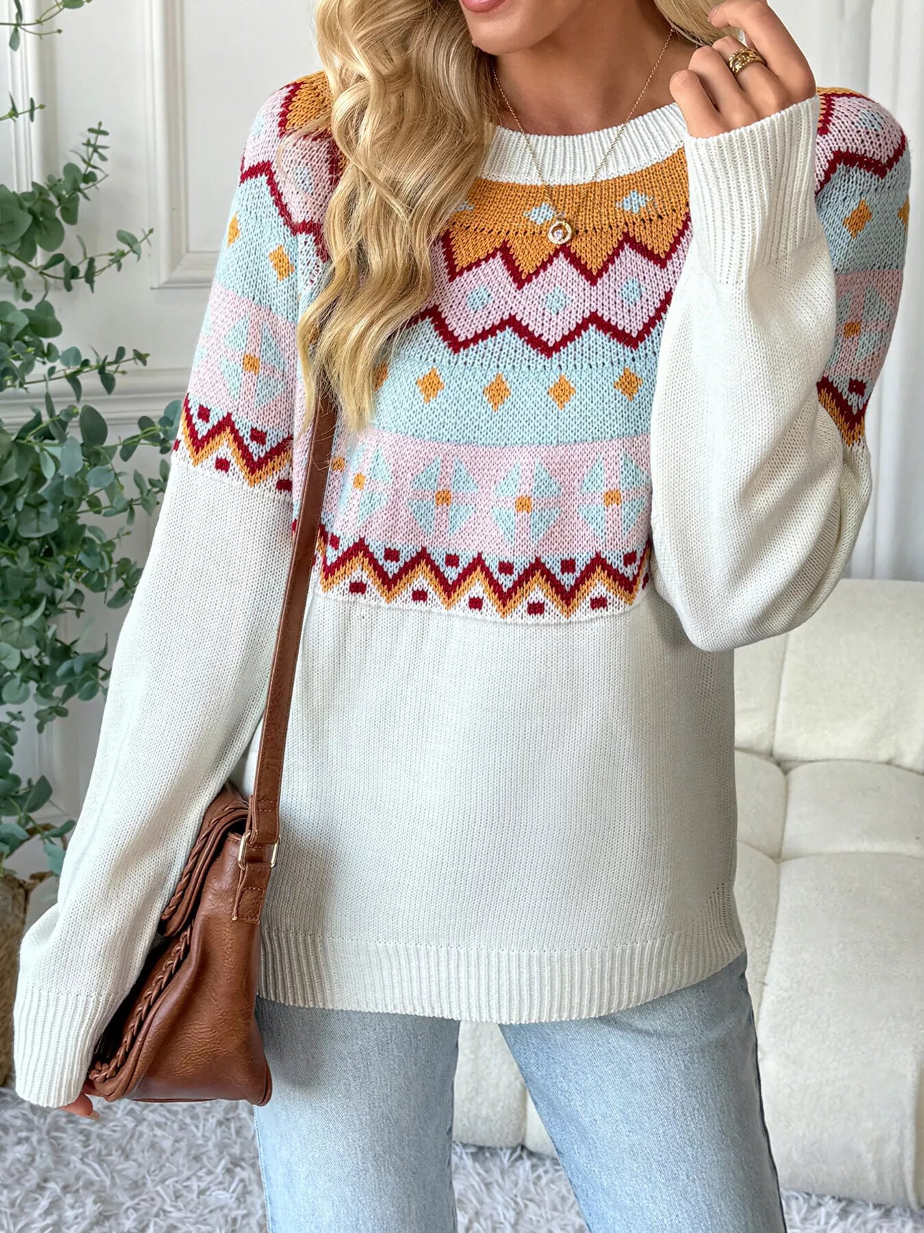Geometric Round Neck Long Sleeve Sweater - -