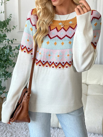 Geometric Round Neck Long Sleeve Sweater - -
