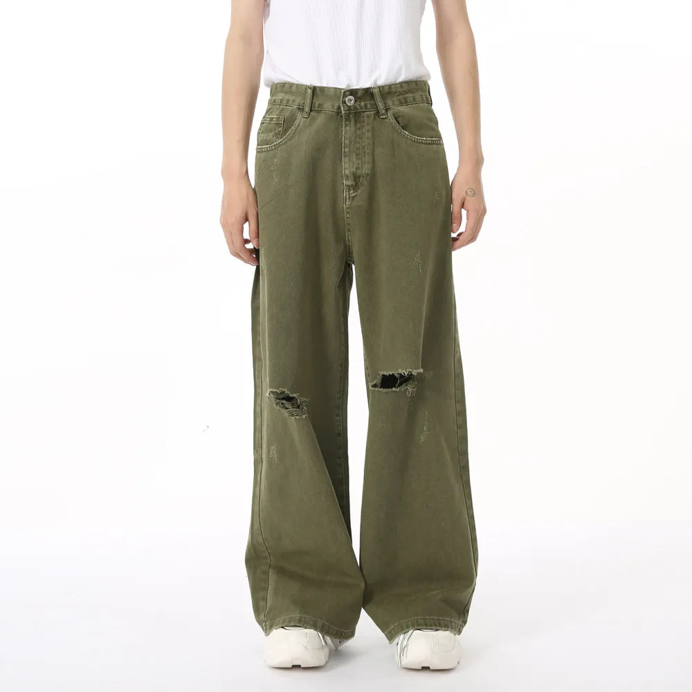 Distressed Wide Leg Jeans with Pockets - Army Green M -