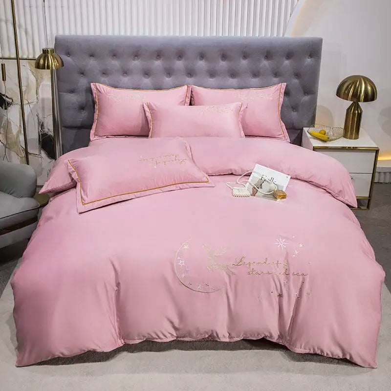 Organic Embroidered 4pcs Silky Satin Bedding Set