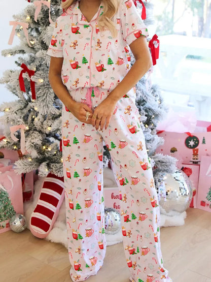 Christmas Spirit Cute Holiday Print Short Sleeve Shirt and Pants 2pcs - Blush Pink - Pajama Set