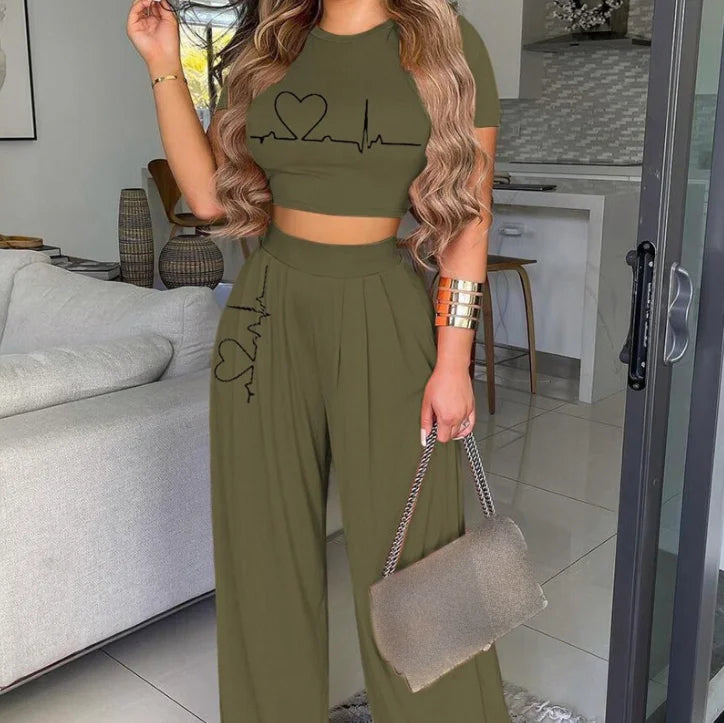 Summer O-Neck Short Sleeve Wide Leg Pants Set