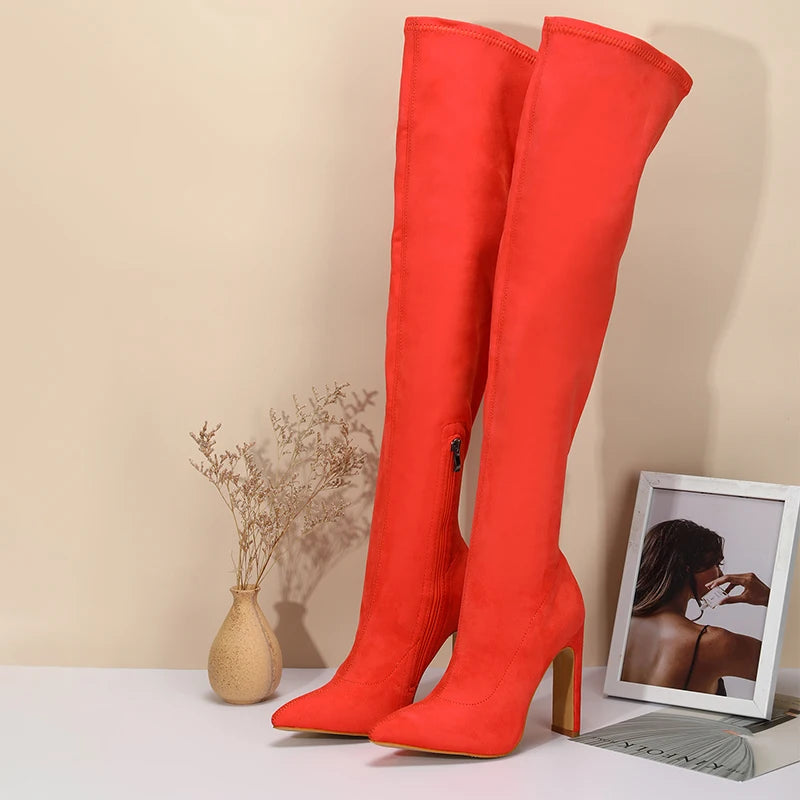 Pointed Toe Thin Block Heel Knee High Long Boot Faux Suede