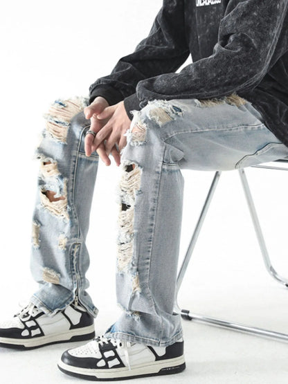 Men's Washed Distressed Straight Jeans - -