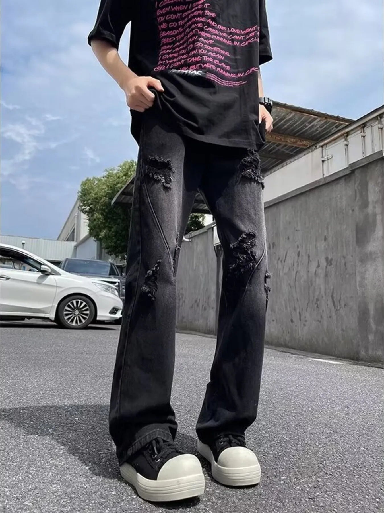 Men's Full Size Ripped Distressed Straight Leg Jeans Plus Size - -