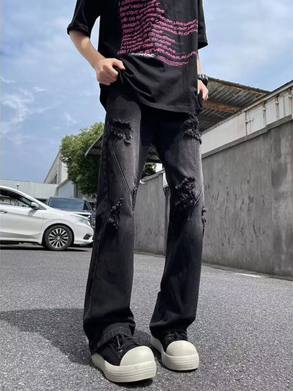 Men's Full Size Ripped Distressed Straight Leg Jeans Plus Size - -