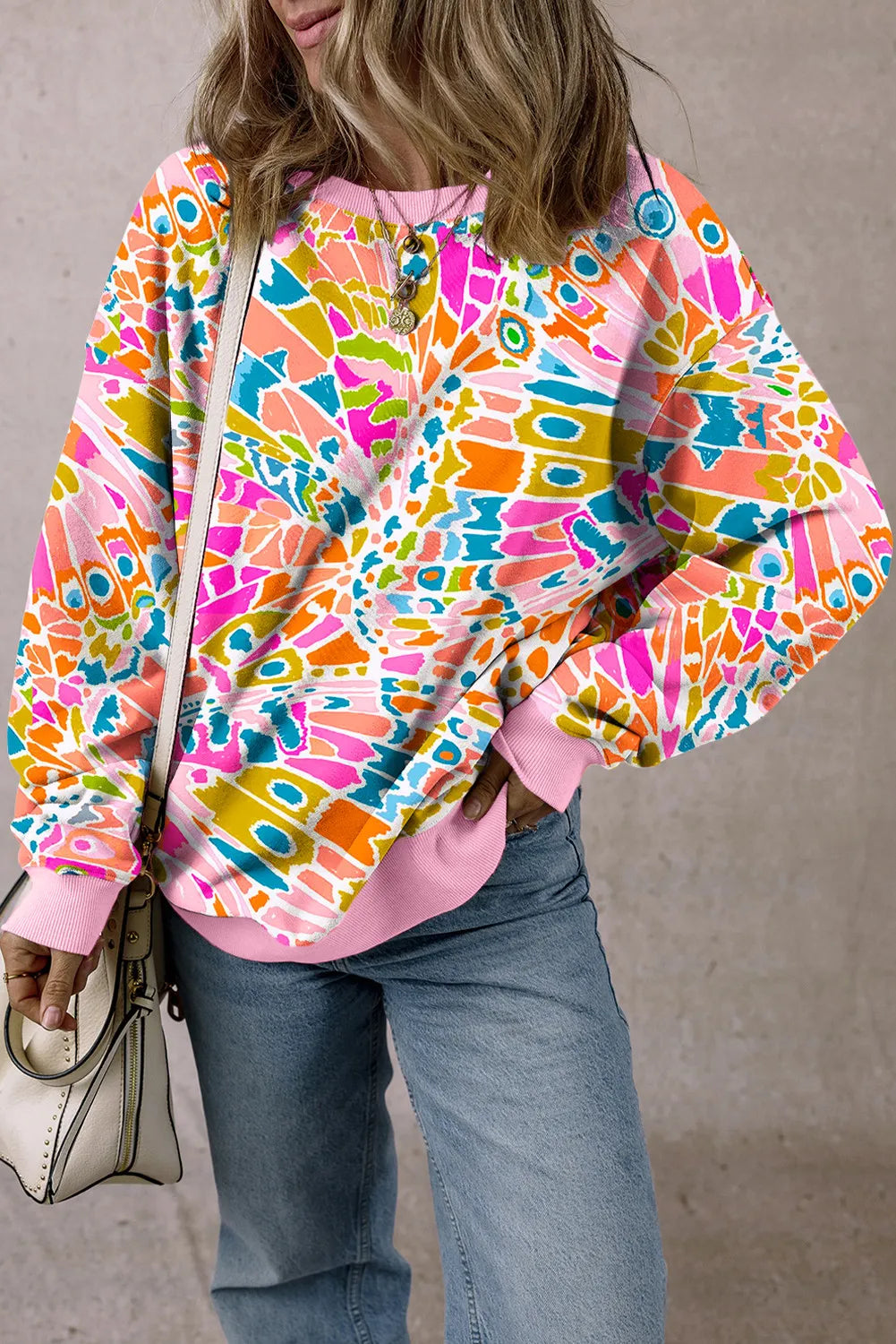 Printed Round Neck Long Sleeve Sweatshirt - -