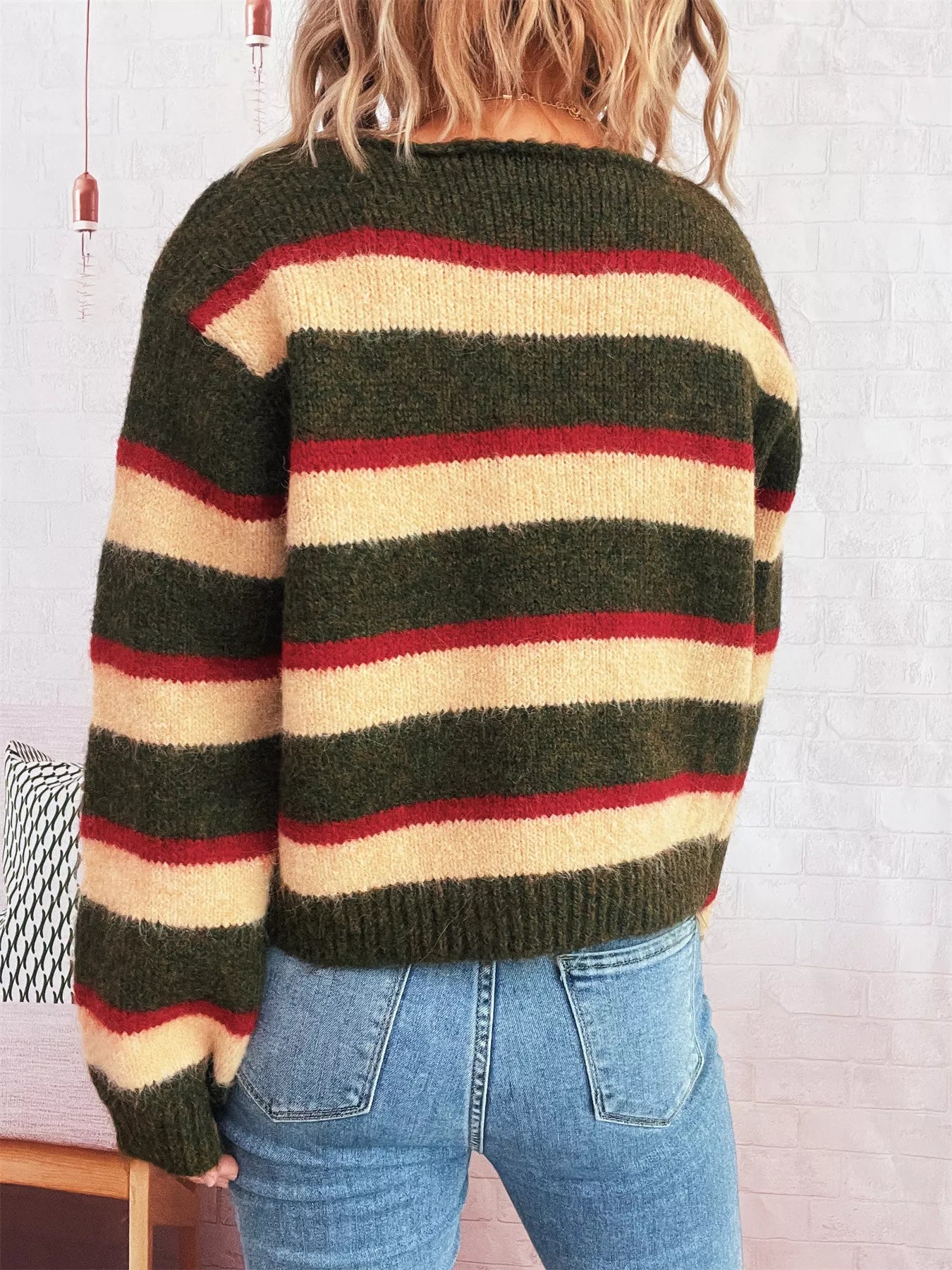 Striped Round Neck Long Sleeve Sweater - -