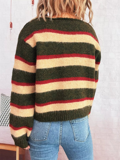 Striped Round Neck Long Sleeve Sweater - -