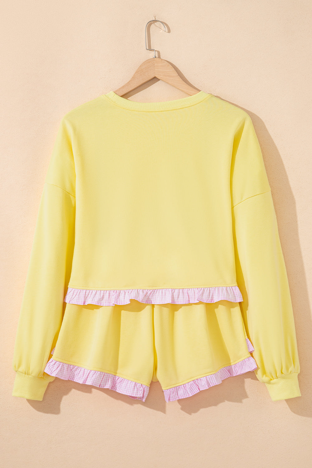 Yellow Cream Plaid Ruffled Patchwork Drop Shoulder Pullover and Drawstring Elastic Waist Shorts Matching Set- Wild and Free Boutique- {{Product type}}