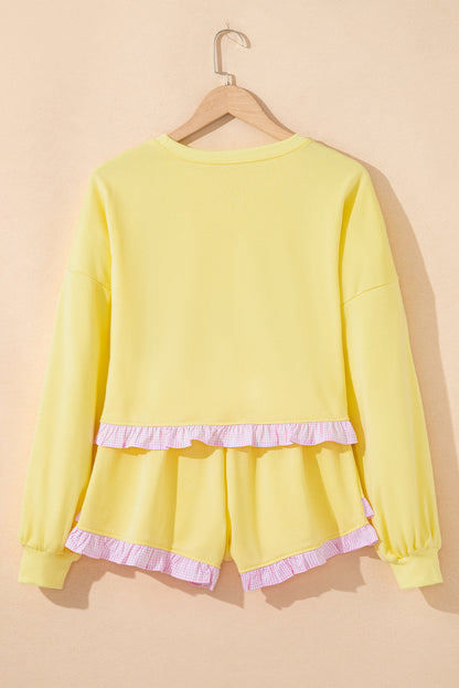 Yellow Cream Plaid Ruffled Patchwork Drop Shoulder Pullover and Drawstring Elastic Waist Shorts Matching Set- Wild and Free Boutique- {{Product type}}