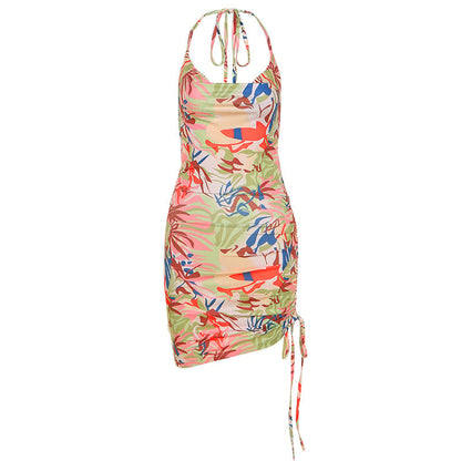 Sleeveless Backless Pleated Slim Fit Halter Dress - Khaki M - dress