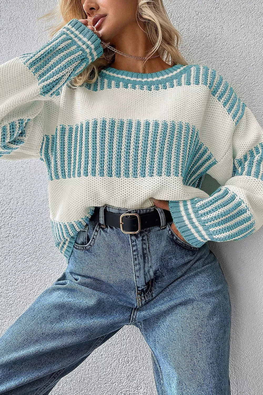 Two Tone Striped Patchwork Drop Shoulder Loose Sweater - -