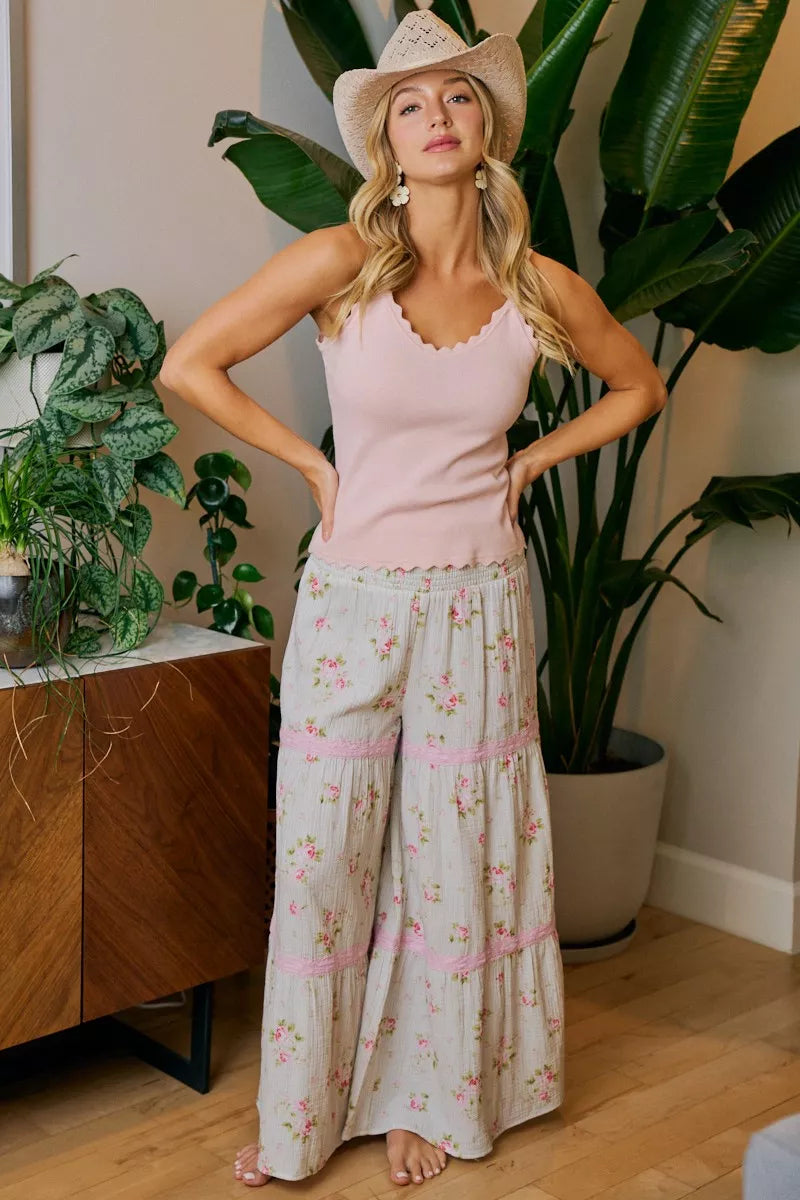 BiBi Rose Printed Gauze Trim Detail Smocked Maxi Pants - -