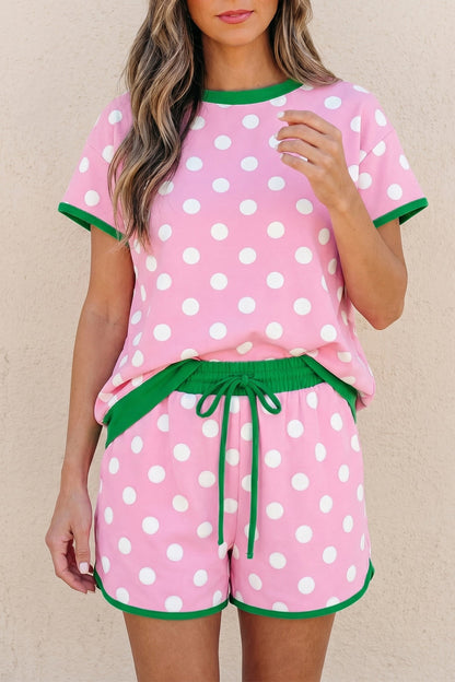 Pink Polka Dot Contrast Edge Casual Short Set - - Two Piece Sets/Short Sets