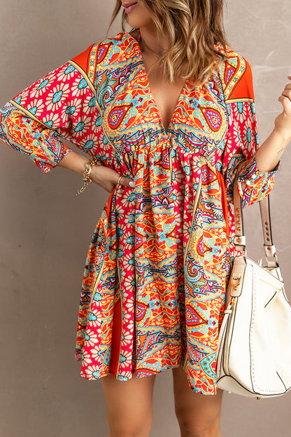 Women Vintage Floral Print v Neck Cut-Out Ruffle Mini Bohemian Boho Dress