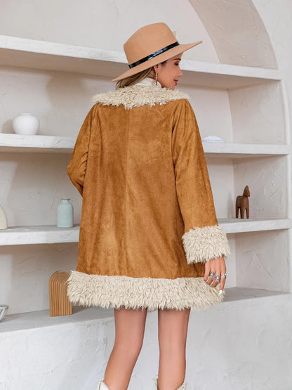 Fuzzy Open Front Long Sleeve Outerwear - -