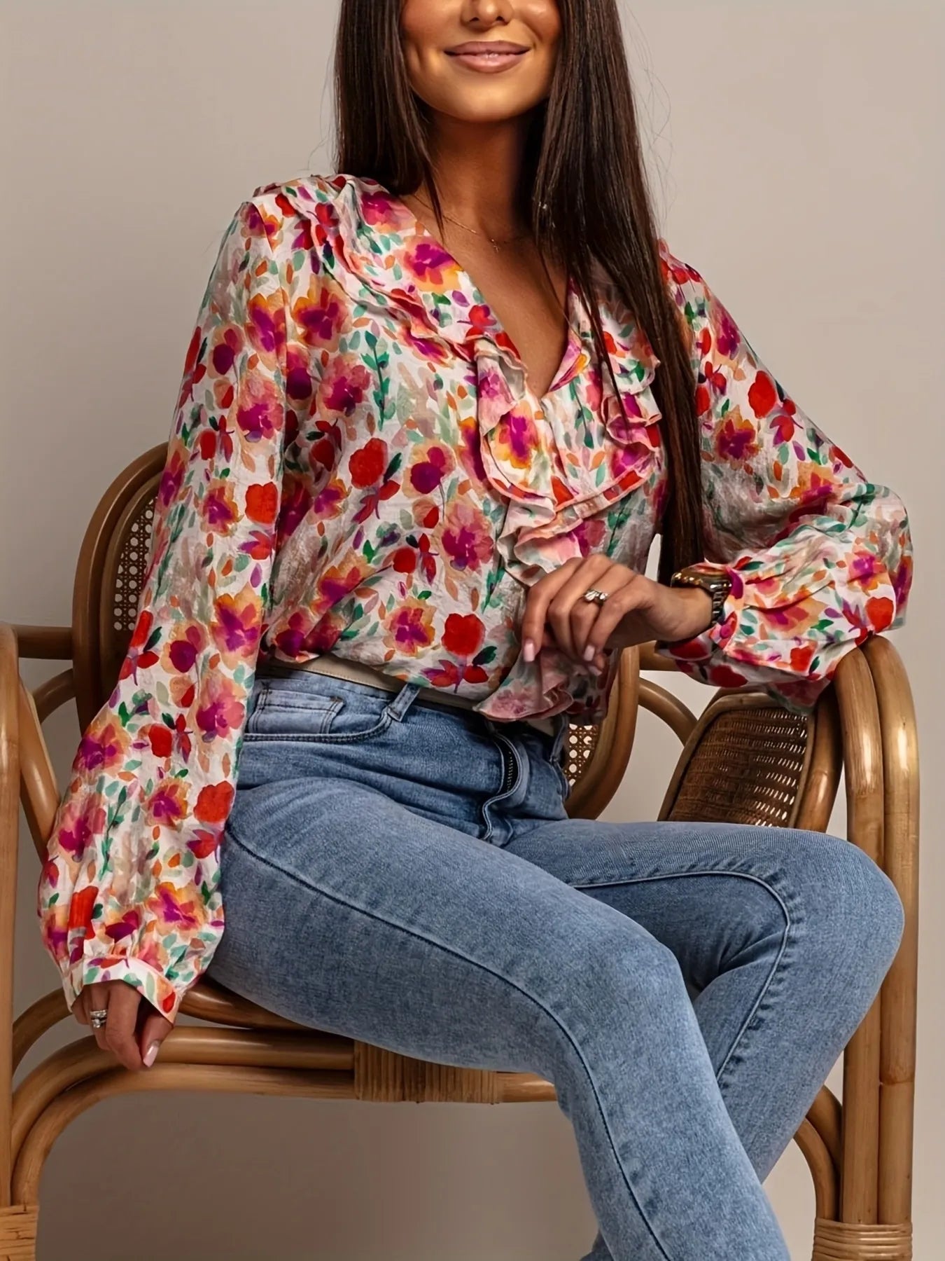 Floral Print Ruffle V-Neck Long Sleeve Blouse - -