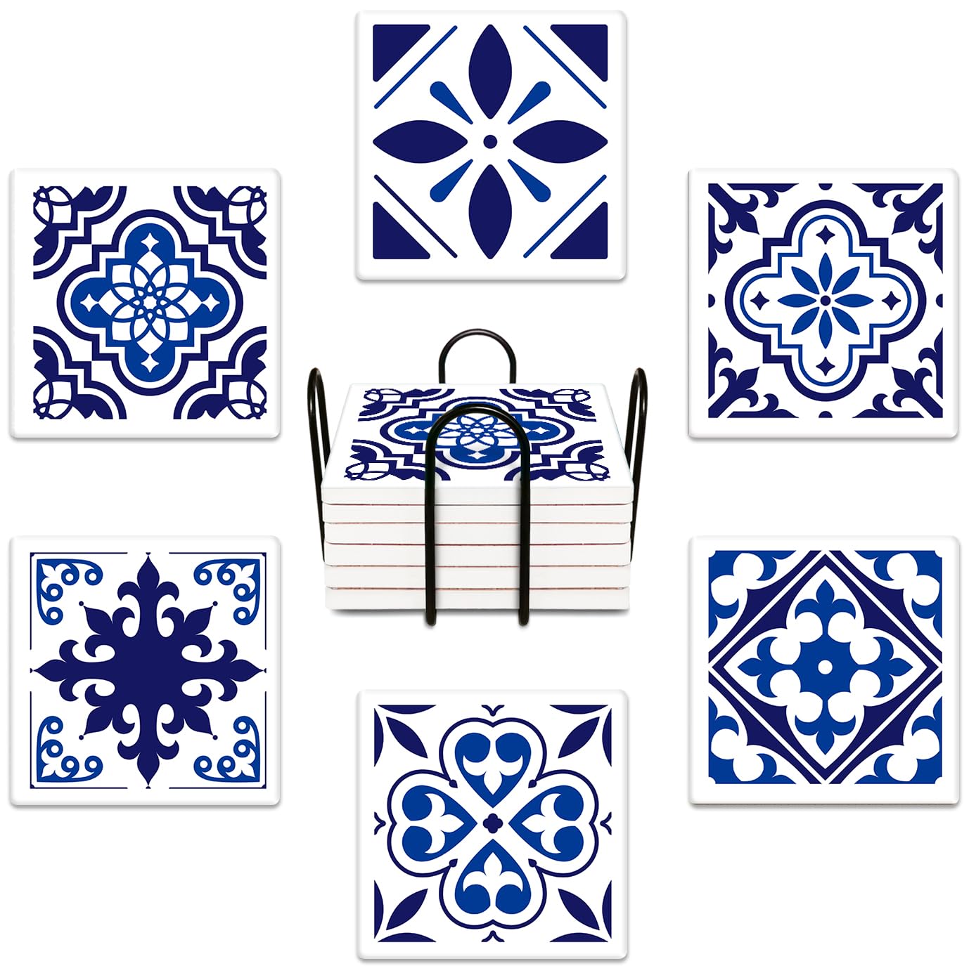 Navy Blue Geometric Coaster Set with Cork Base - Blue Ceramic - coasters