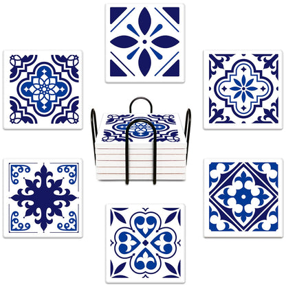 Navy Blue Geometric Coaster Set with Cork Base - Blue Ceramic - coasters