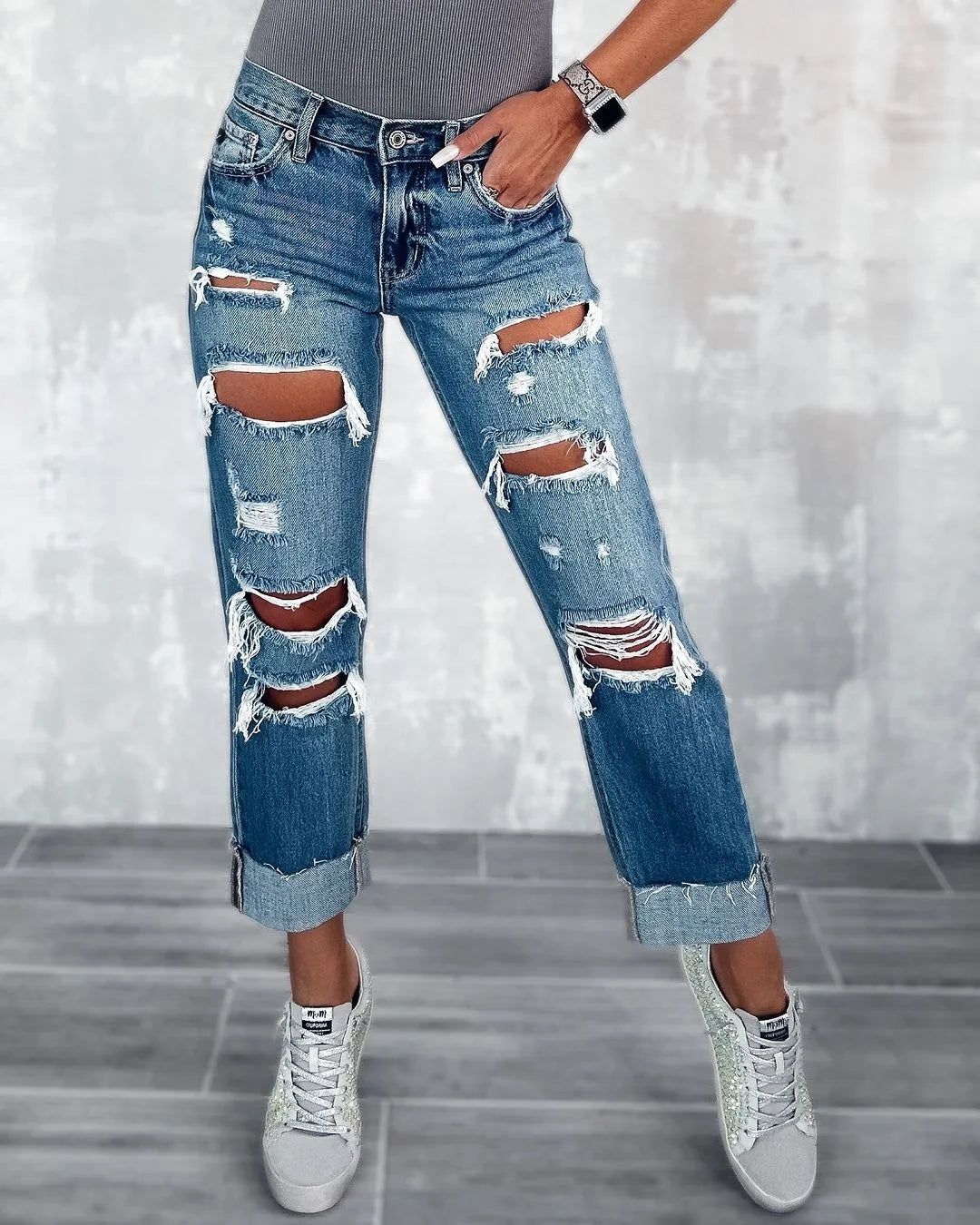 Women Casual Denim Long Pants Ladies Ripped Jeans