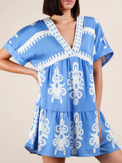 Printed V-Neck Short Sleeve Mini Dress - -
