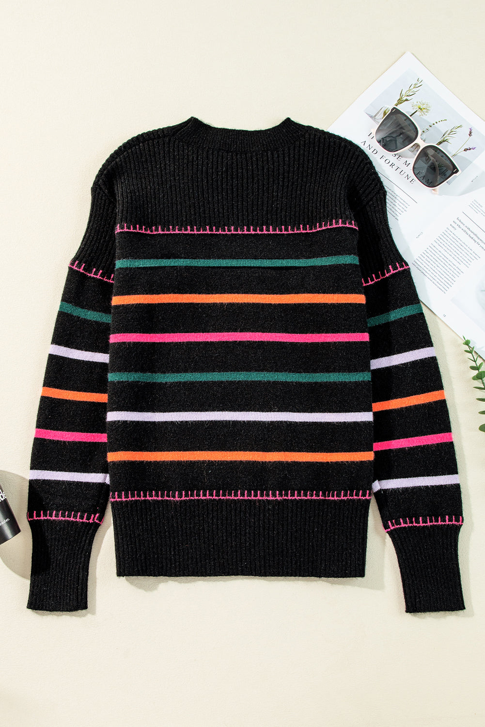 Black Colorful Striped Ribbed Trim Sweater - - Sweaters & Cardigans/Sweaters