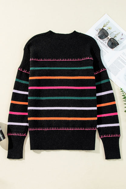 Black Colorful Striped Ribbed Trim Sweater - - Sweaters & Cardigans/Sweaters