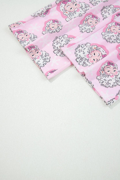 Pink Santa Claus Print V Neck Tee Drawstring Pants 2pcs Lounge Set - - Loungewear & Sleepwear/Loungewear