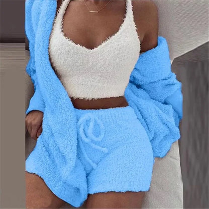 Pajama Sets Three Piece Sleepwear Womens Fluffy Warm Pajamas Short Set