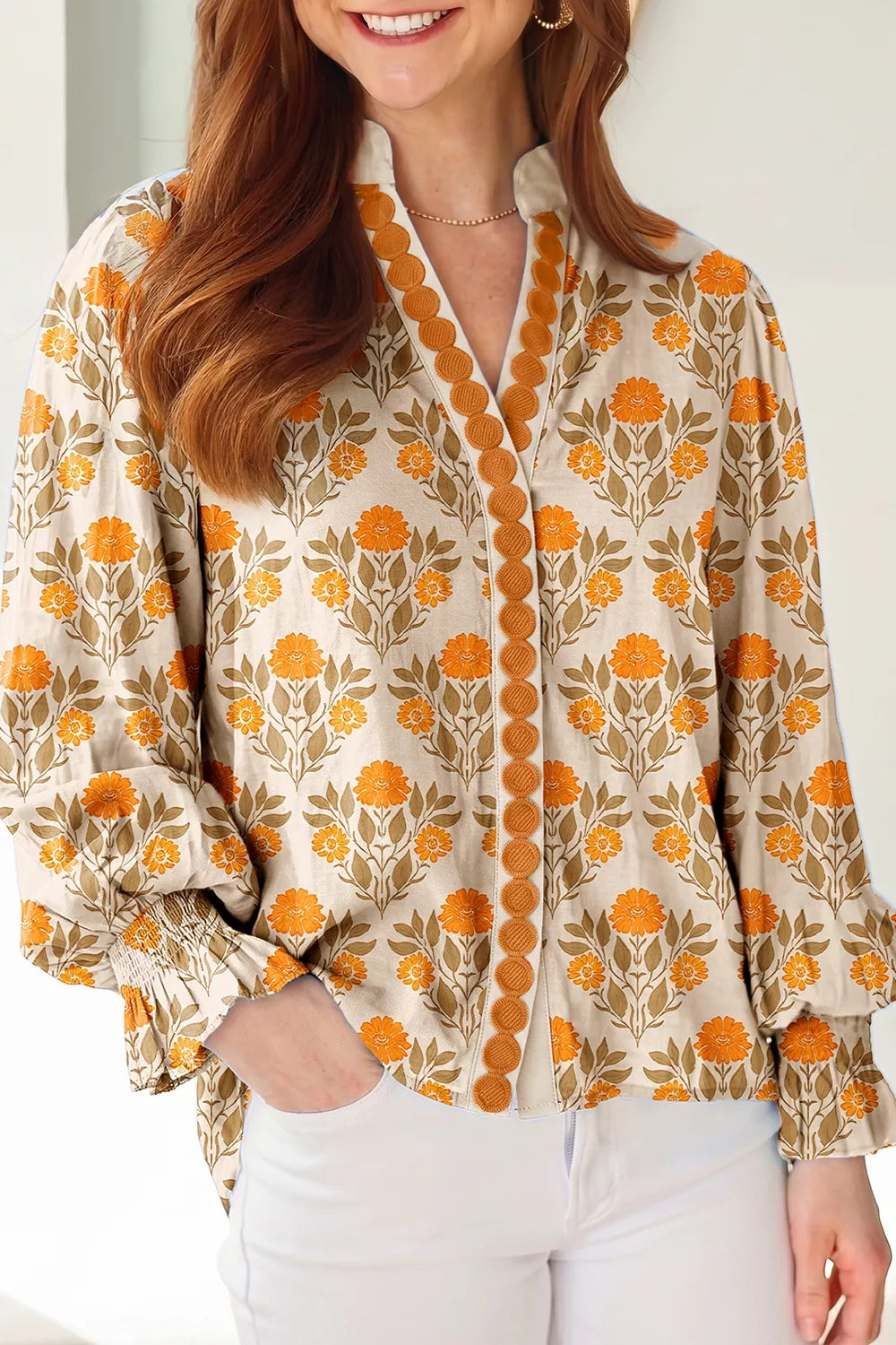 Floral Print V Neck Long Sleeve Top - Sherbet -