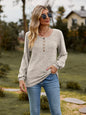 Round Neck Button-Down Long Sleeve Tee - Tan -