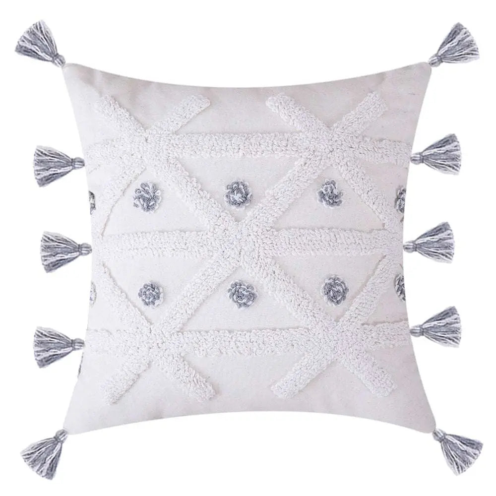 Cotton Macrame Pillow Case Woven Tufted Throw Pillow Cover With Tassel white light grey