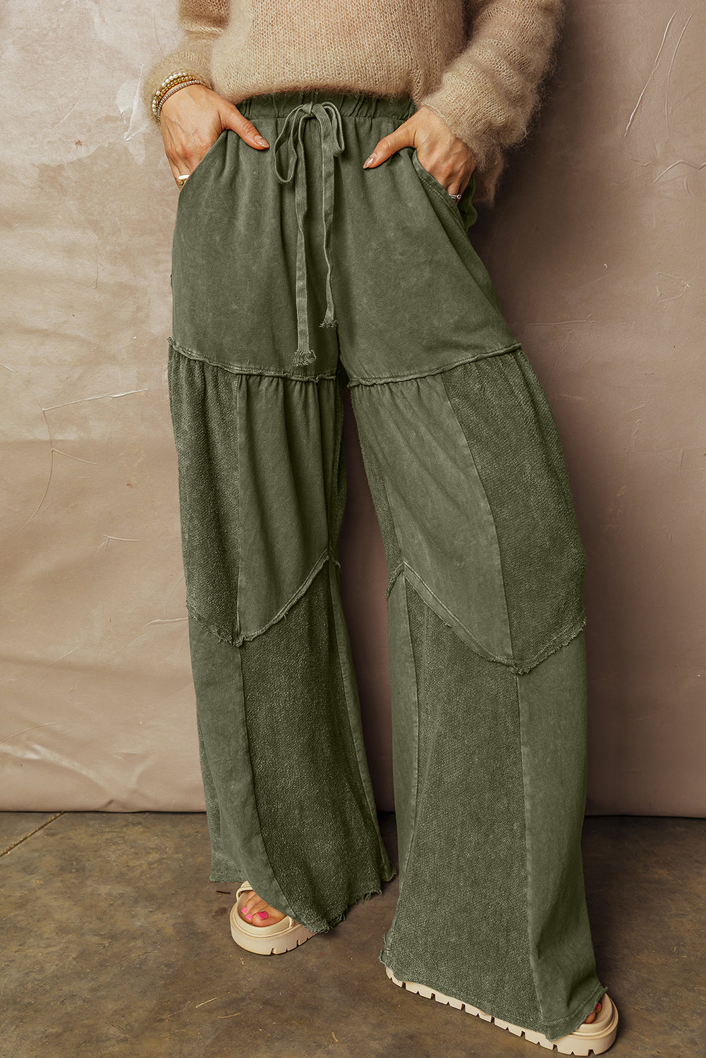 Vineyard Green Mineral Wash Tiered Wide Leg Patchwork Drawstring Pants - Vineyard Green 85%Cotton+15%Polyester - Bottoms/Pants & Culotte
