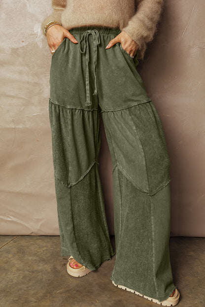 Vineyard Green Mineral Wash Tiered Wide Leg Patchwork Drawstring Pants - Vineyard Green 85%Cotton+15%Polyester - Bottoms/Pants & Culotte