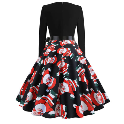 Winter Christmas Dresses Women 50S 60S Vintage Swing Dress Long Sleeve Casual