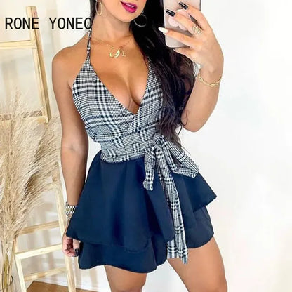 Trendy Plaid Halter Top & Sleek Mini Skirt Set - MULTI L - skirt set