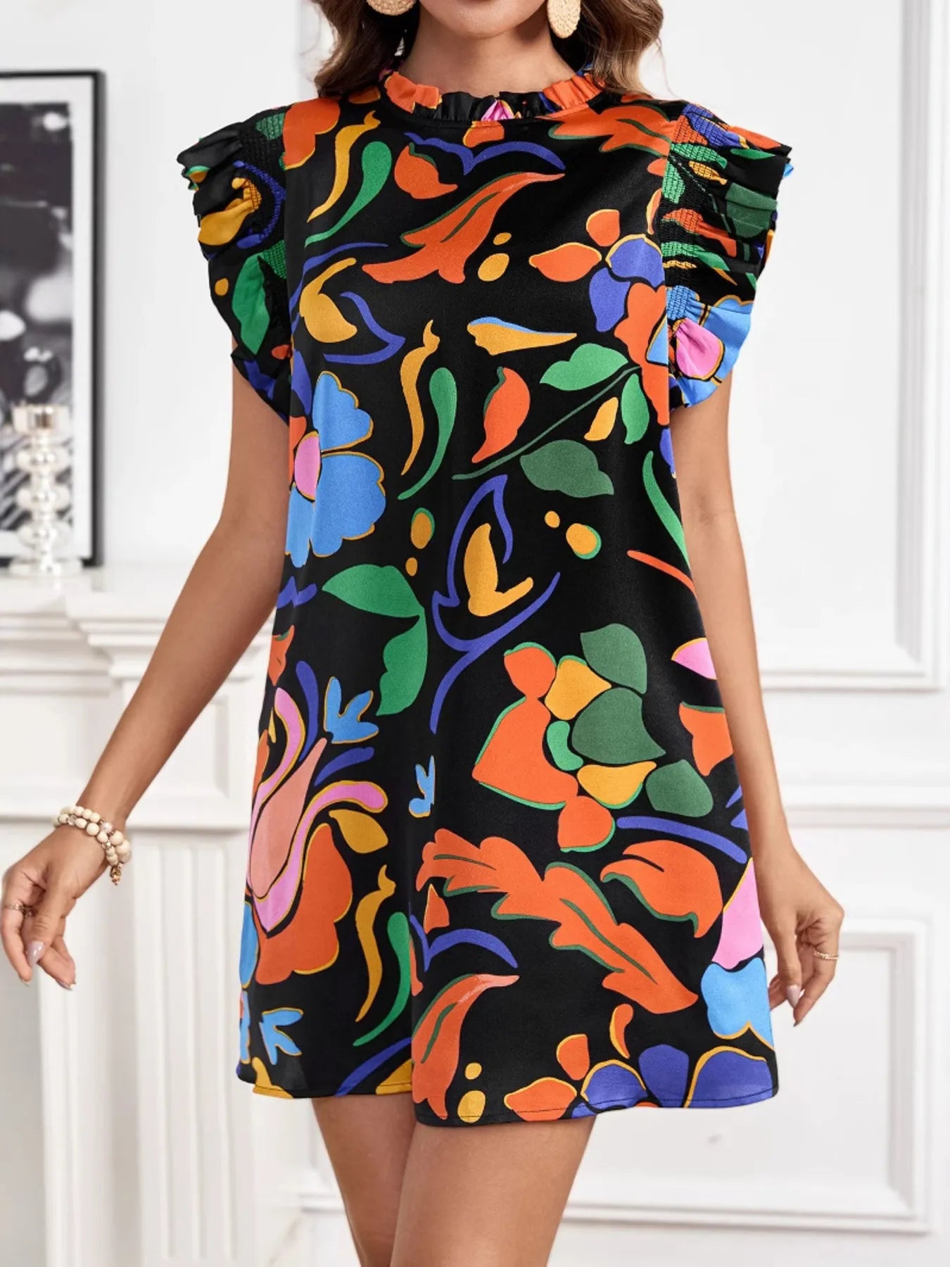 Printed Ruffle Sleeve Mini Dress - -