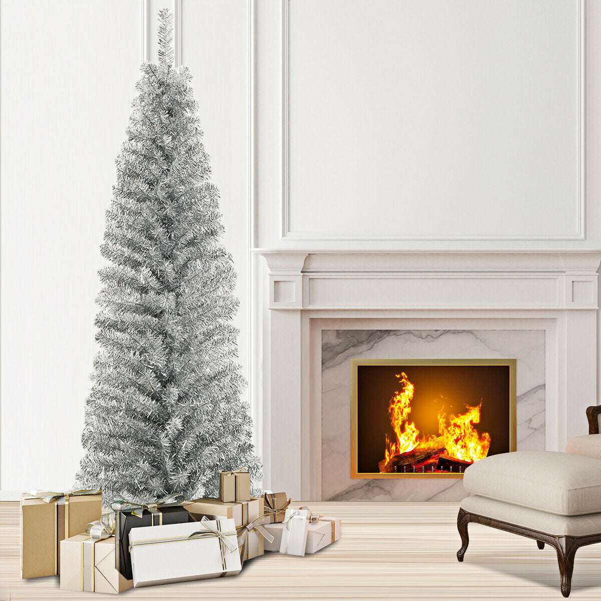 6 Feet Tinsel Tree Unlit Slim Pencil Christmas Tree - -
