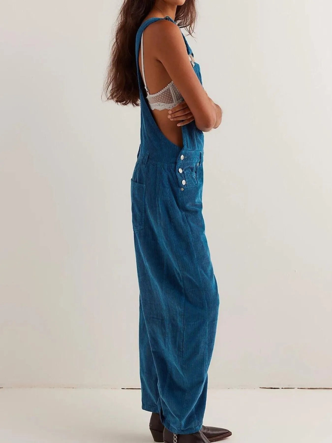 Corduroy Wide-Leg Overall with Adjustable Straps - -
