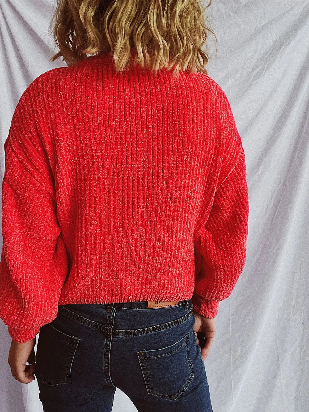 Round Neck Dropped Shoulder Long Sleeve Sweater - -