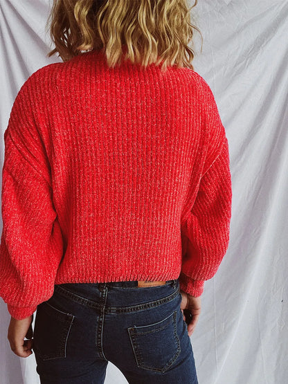 Round Neck Dropped Shoulder Long Sleeve Sweater - -