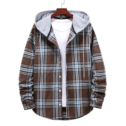 Work Shirt With Hood Mens Plaid Hoodie Shirt Brown