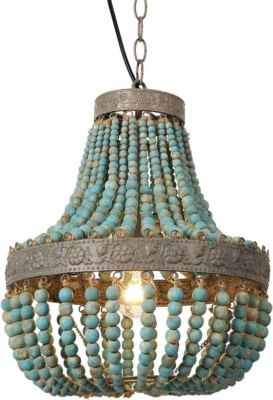 Gray Blue Rustic Wood Bead Chandelier Pendant Light - -
