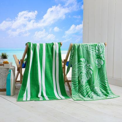 Cotton Velour Beach Towel - Maui Collection - 2 Pack- 30" x 60" Green White Palm Leaf & Stripe - Beach Towels