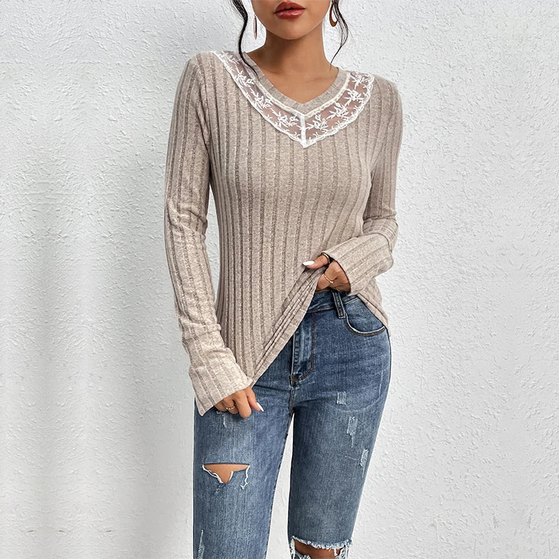 Lace V-Neck Vertical Stripe Long Sleeve Top