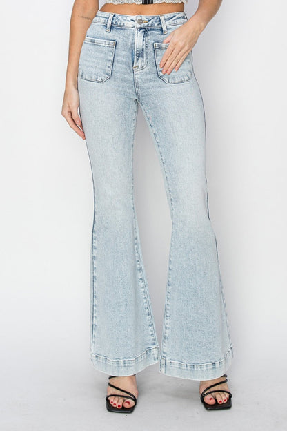 Risen Patch Pocket Flared Leg Light Blue Washed Denim Jeans - - jeans