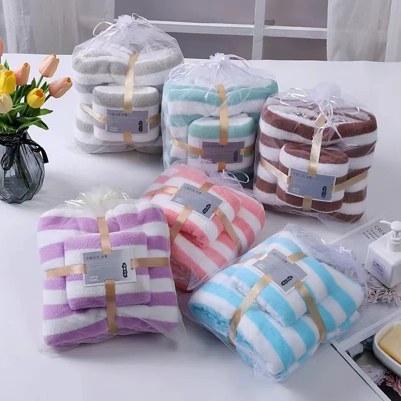 High-Density Padded Knitted Fleece Towel Set Soft Absorbent Candy Strip Pattern